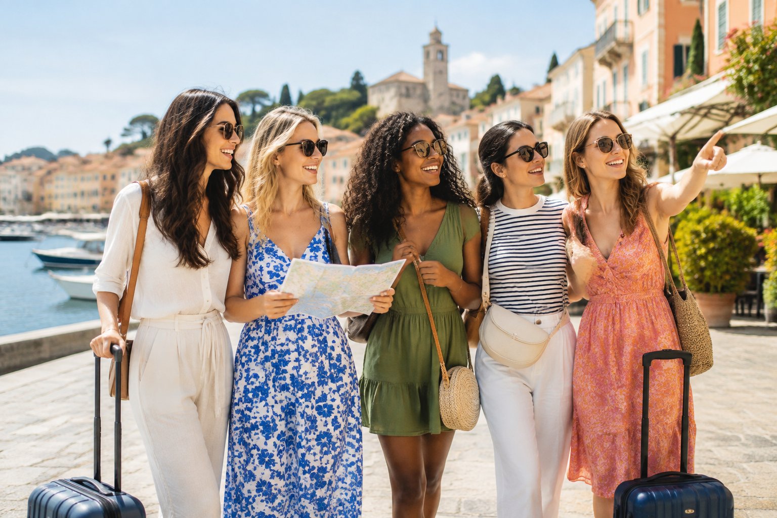 A group of friends enjoys a relaxed hen party in a charming nearby destination.