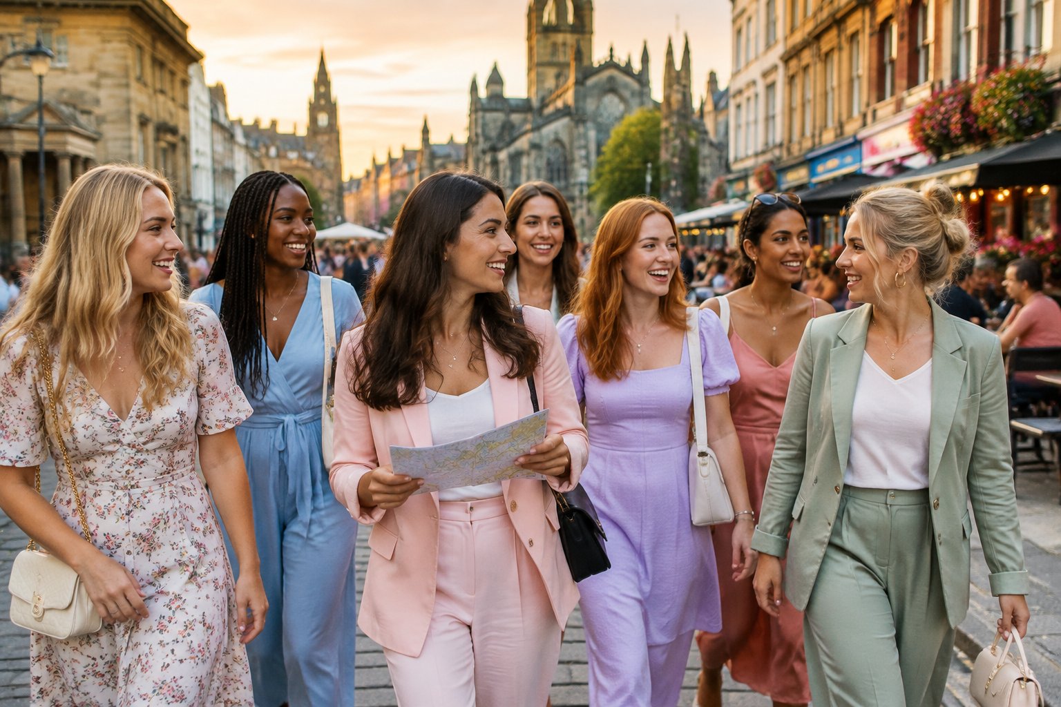A group of friends enjoying a lively weekend stroll through a bustling UK city centre.