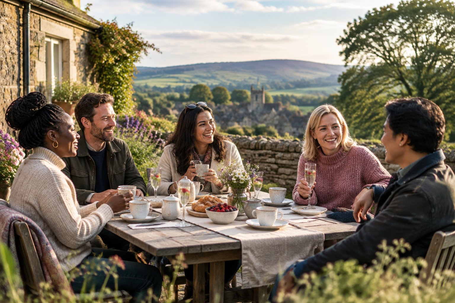 A small group of friends relaxing together outside a countryside cottage in the UK.