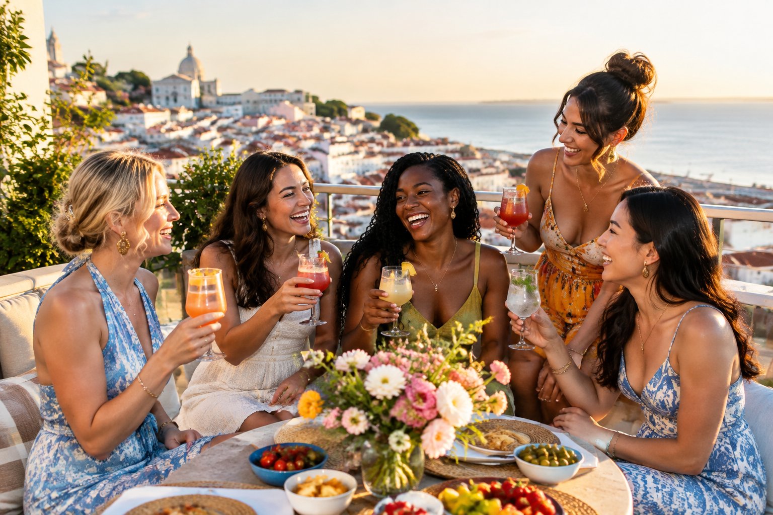 A group of friends enjoying drinks together on a sunny rooftop overlooking a coastal city.
