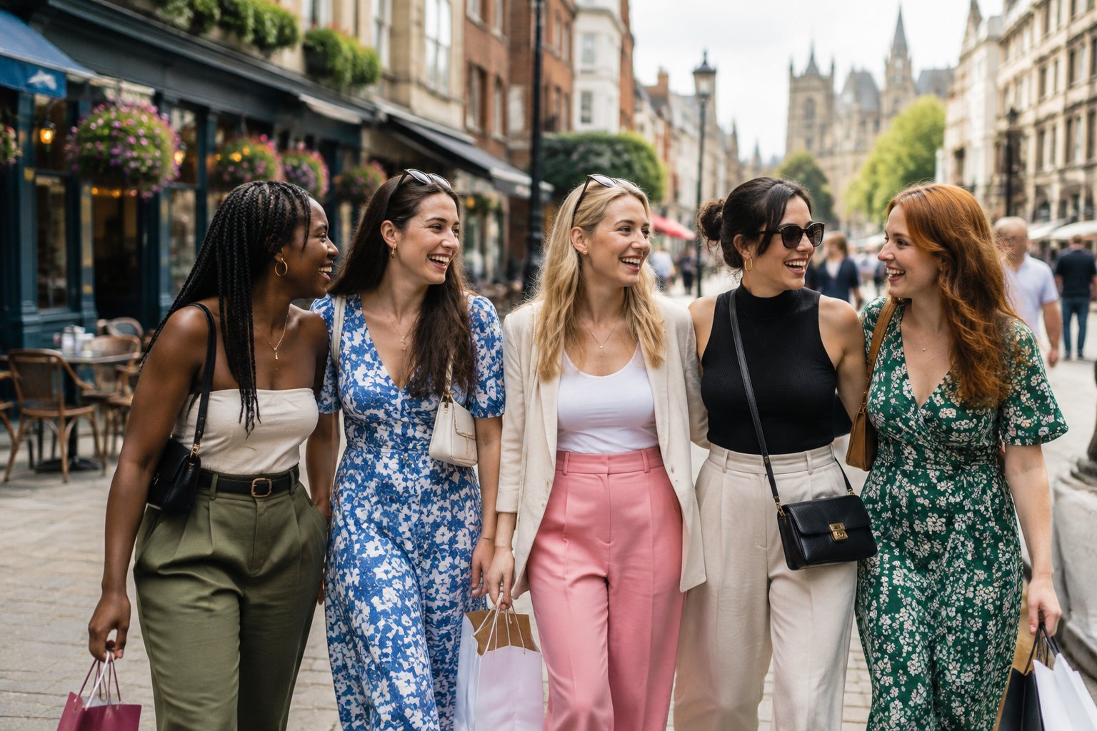 A group of friends enjoying a lively city break on a British urban street.