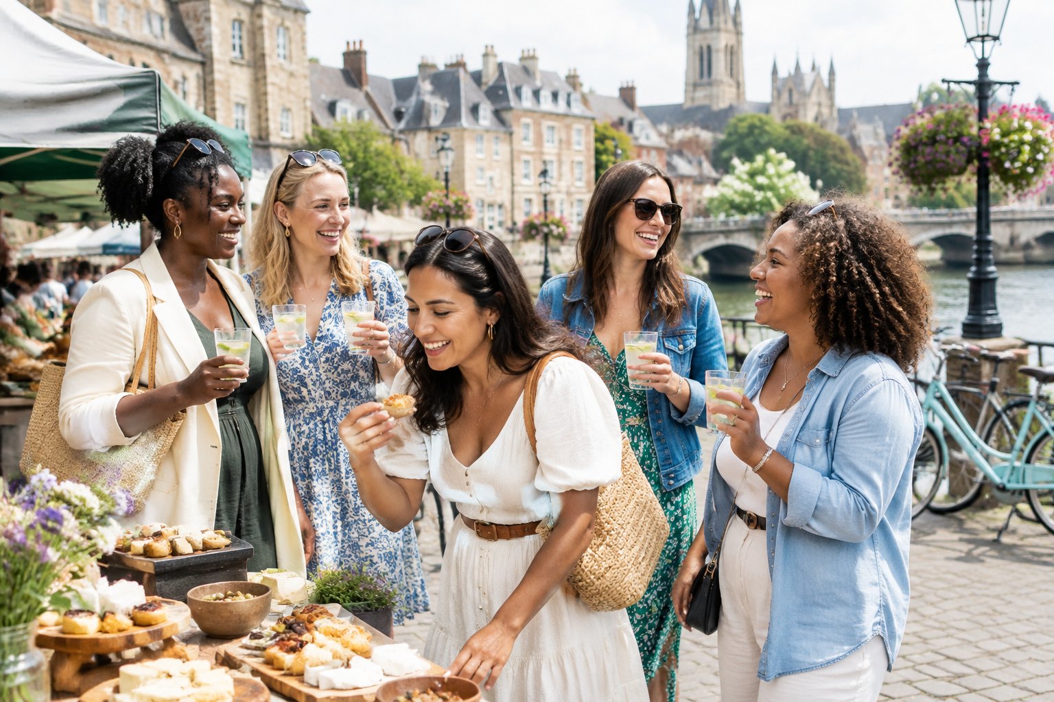 A diverse group of women enjoying food and cultural activities together in a picturesque British town.