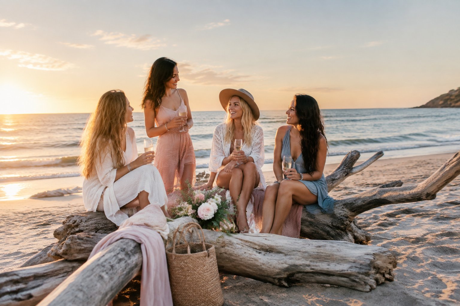 A group of women celebrating a hen party beside driftwood on a sunny beach.