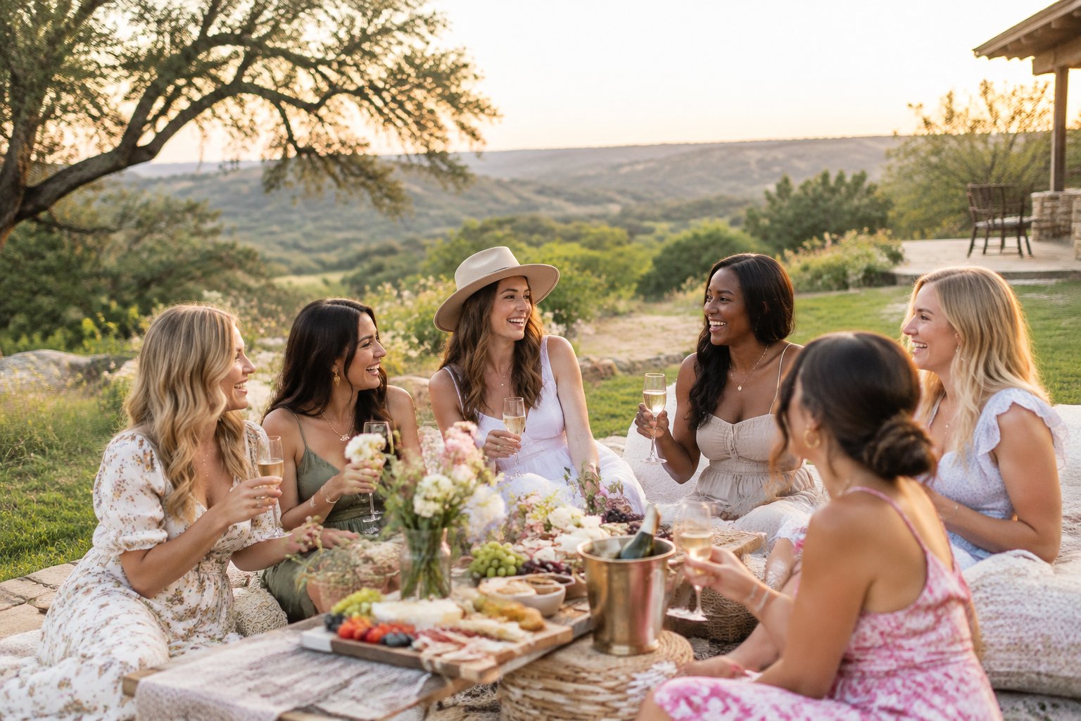 A group of women enjoying a countryside hen weekend amid the rolling hills and oak trees of Driftwood.