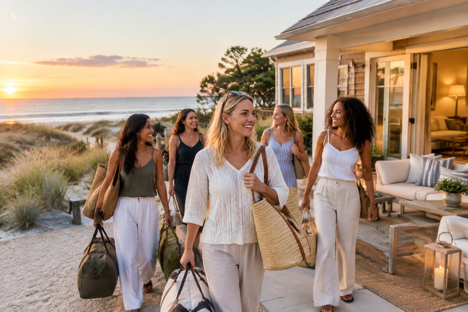 A group of friends with weekend bags arriving at a stylish coastal holiday rental.
