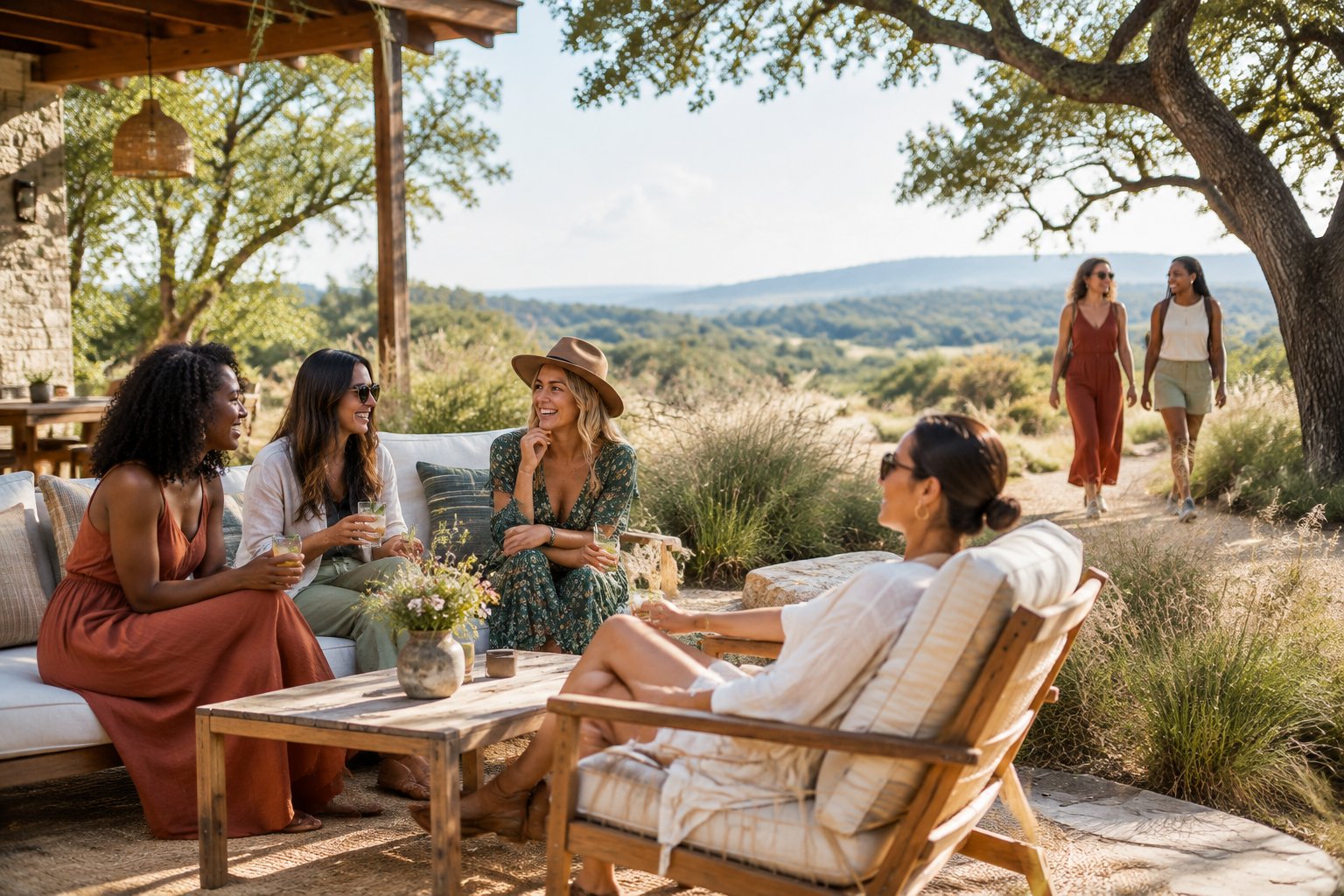 A diverse group of women relaxes and chats at a scenic Driftwood countryside retreat while others stroll nearby.