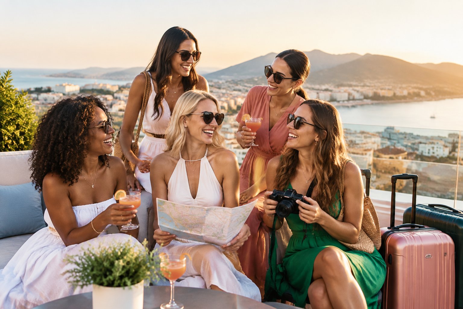 A group of friends celebrates a hen party on a sunny rooftop overlooking a coastal destination.