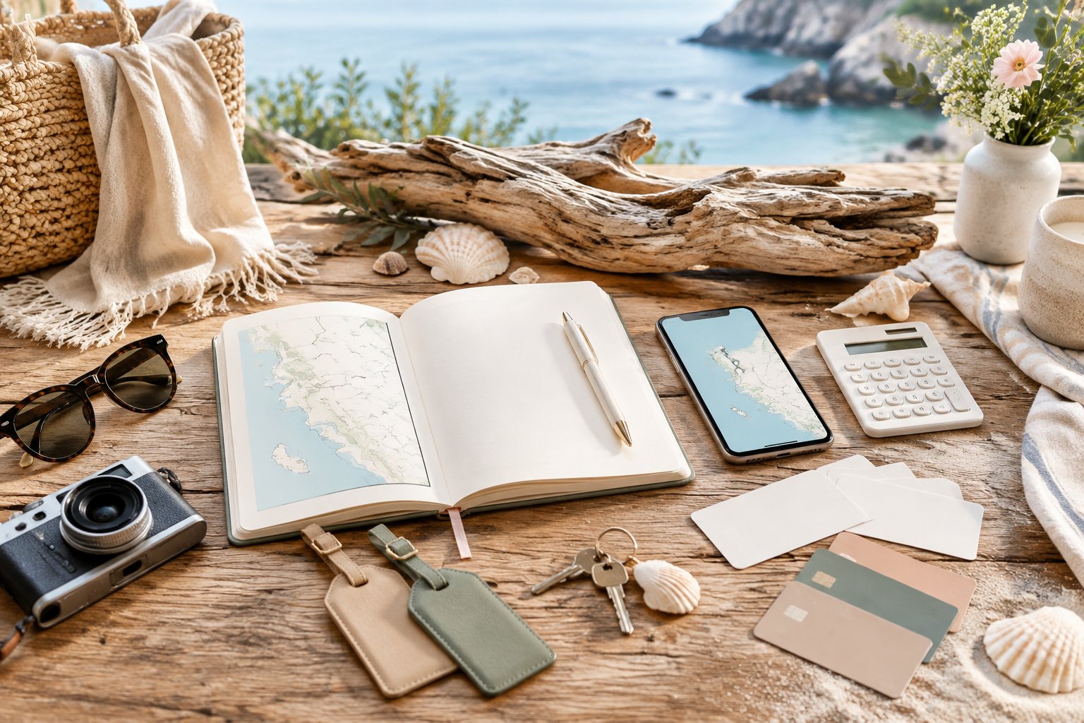 A coastal travel planning scene with driftwood, a blank notebook, a smartphone, luggage tags, and seashells arranged on a table.