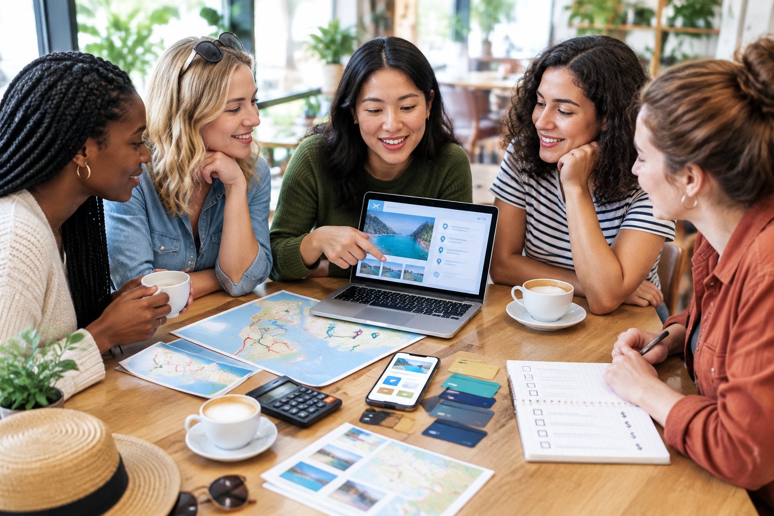 Friends compare travel plans and payment options while budgeting for a hen party.