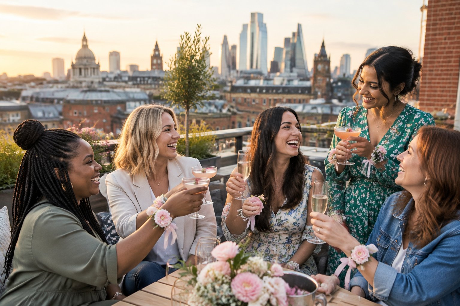 A group of women celebrating together on a rooftop terrace overlooking a British city.