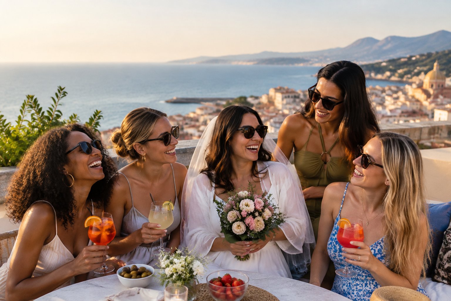 A group of friends celebrating together on a sunny rooftop overlooking a coastal city and sea.