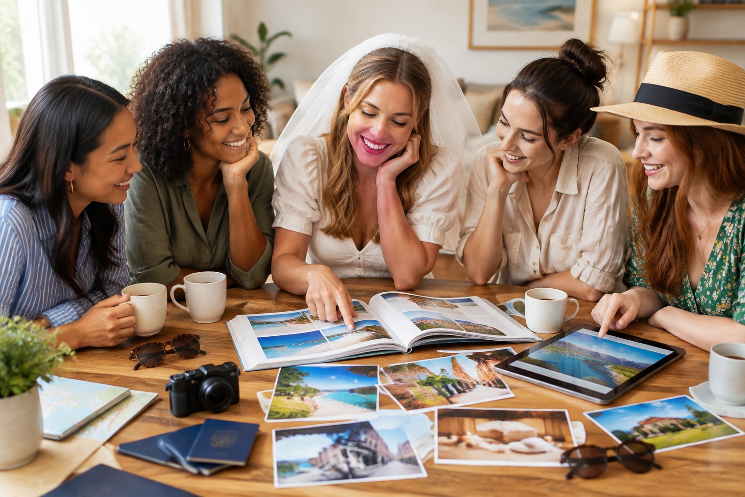 A bride-to-be and her friends compare travel ideas while planning a hen party.