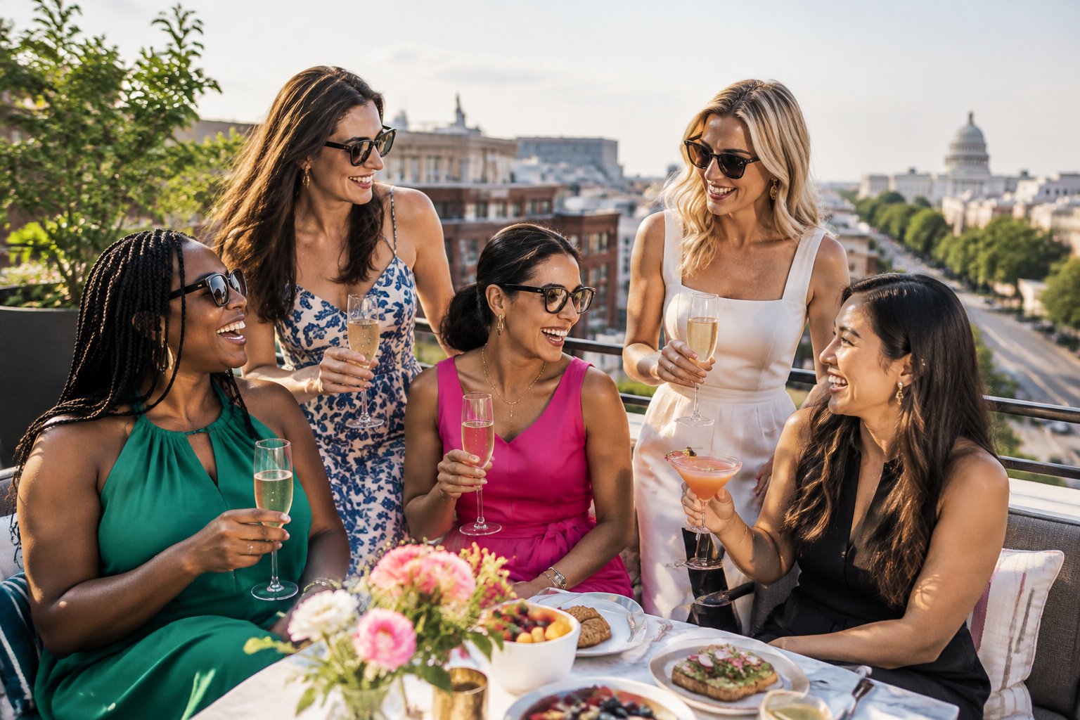 A group of friends celebrating together on a rooftop terrace overlooking Washington, DC.