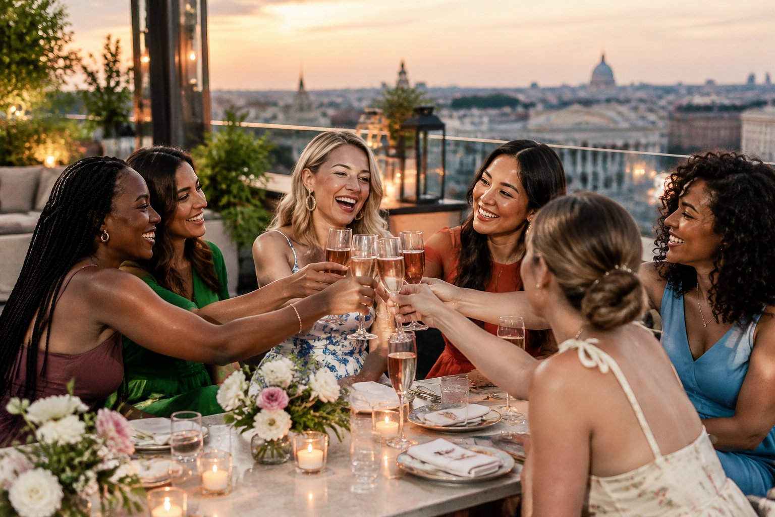 A group of women celebrating together at an elegant rooftop venue with a city skyline in the background.