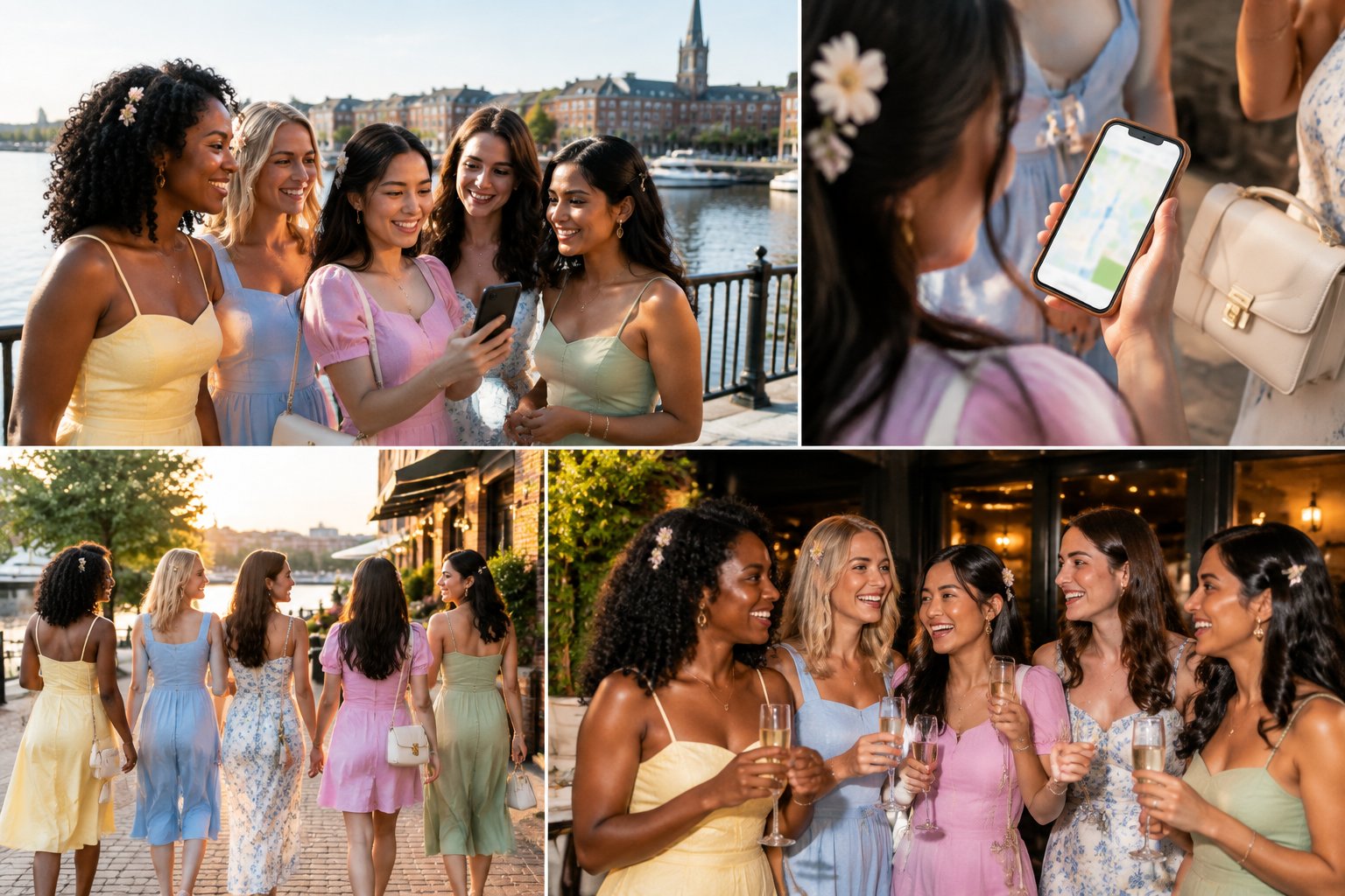 A group of friends enjoys a coordinated hen weekend outing by the Washington, DC waterfront.