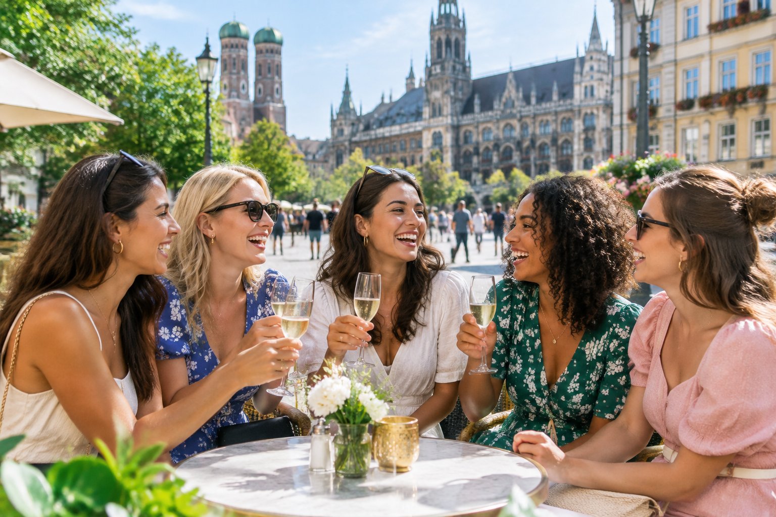 A group of friends celebrating together at an outdoor café in a historic Munich city setting.