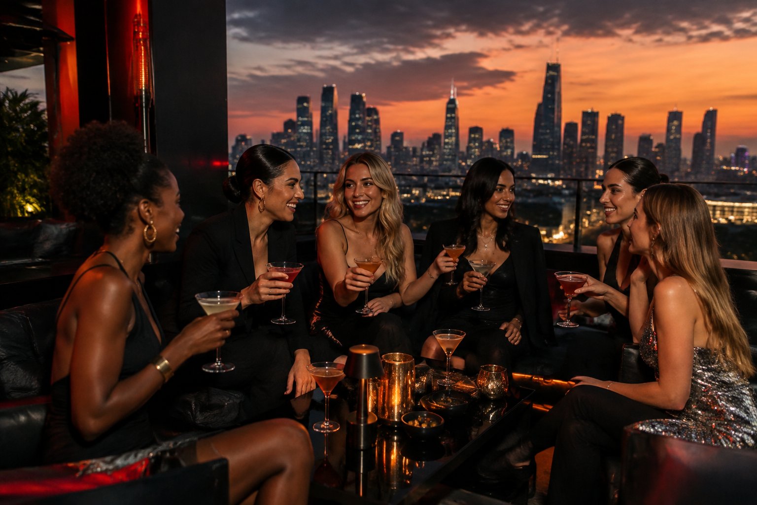 A group of friends celebrating together on a stylish rooftop terrace overlooking a city skyline.