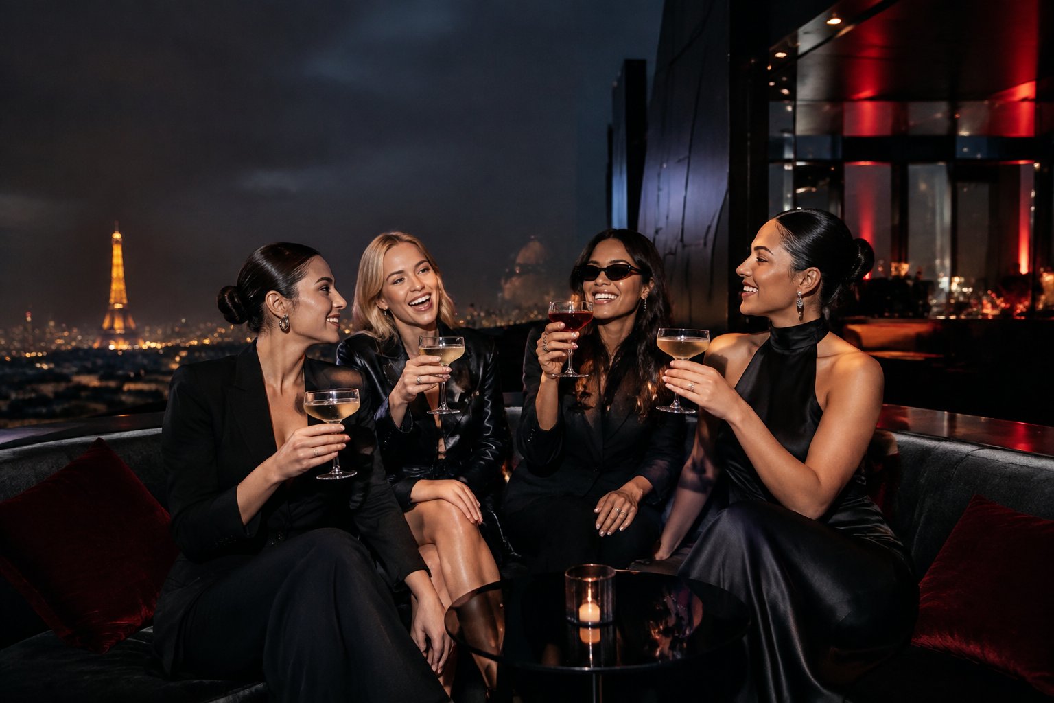 A group of stylish women celebrate together with cocktails at a modern rooftop lounge overlooking a city.