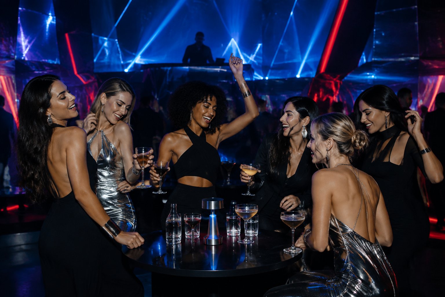A group of women celebrate together in a stylish nightclub with colorful lights and a DJ booth in the background.