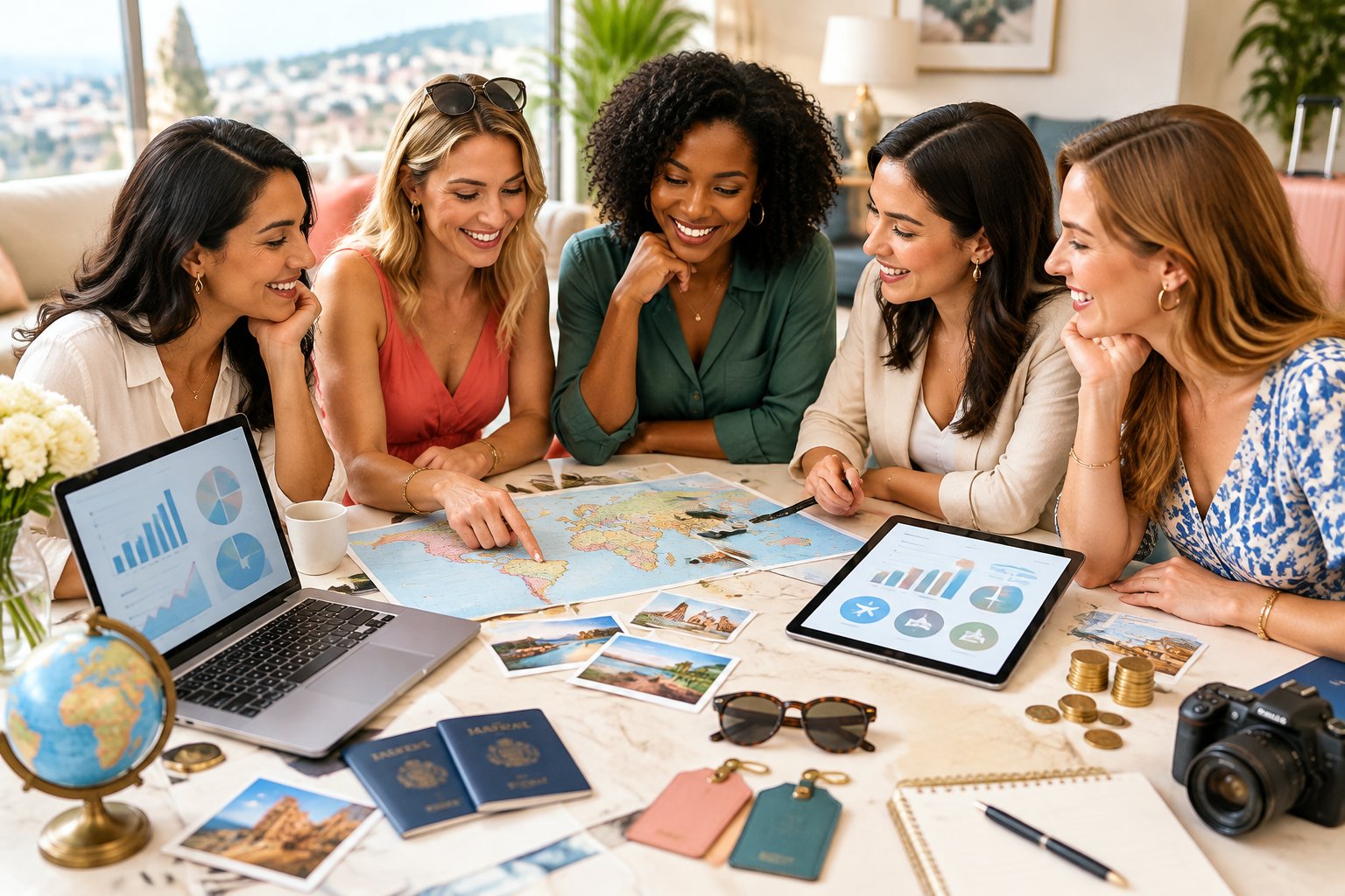 A group of women planning a celebratory trip together beside travel items and generic financial planning materials.