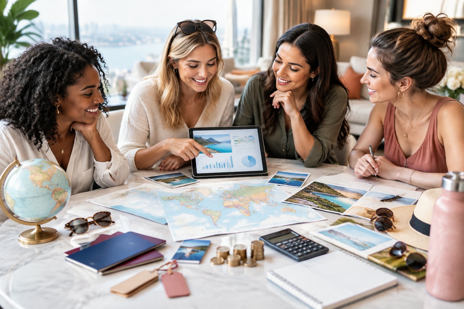 A group of women plan a future celebration trip while reviewing travel materials and financial planning items.