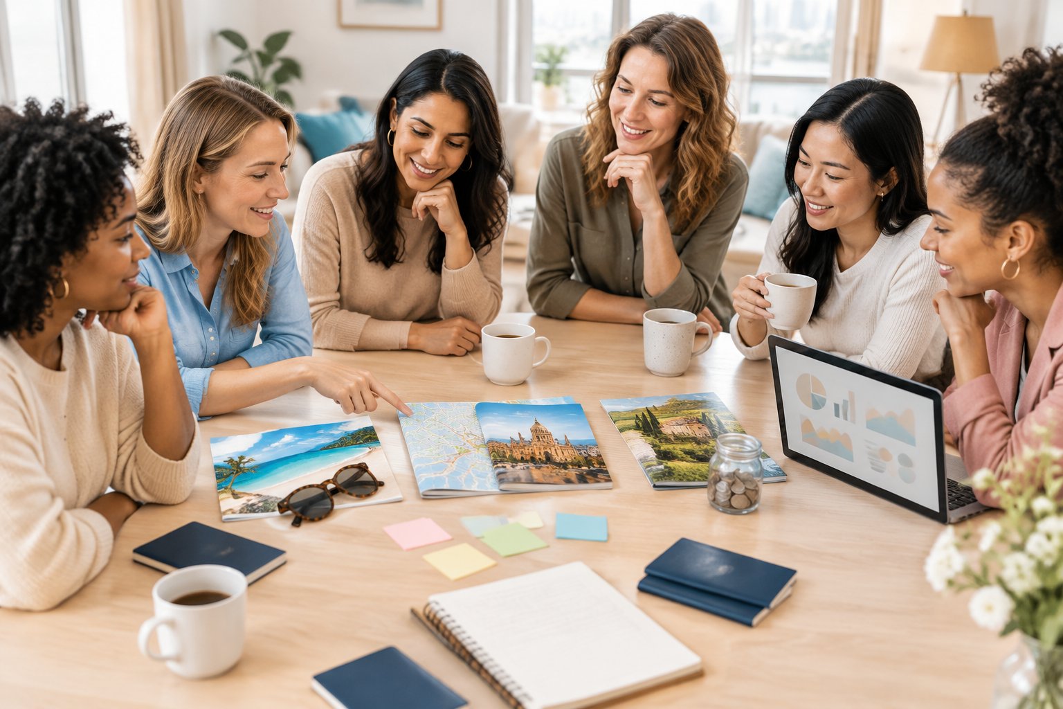 A group of women compares travel ideas and planning materials around a table.