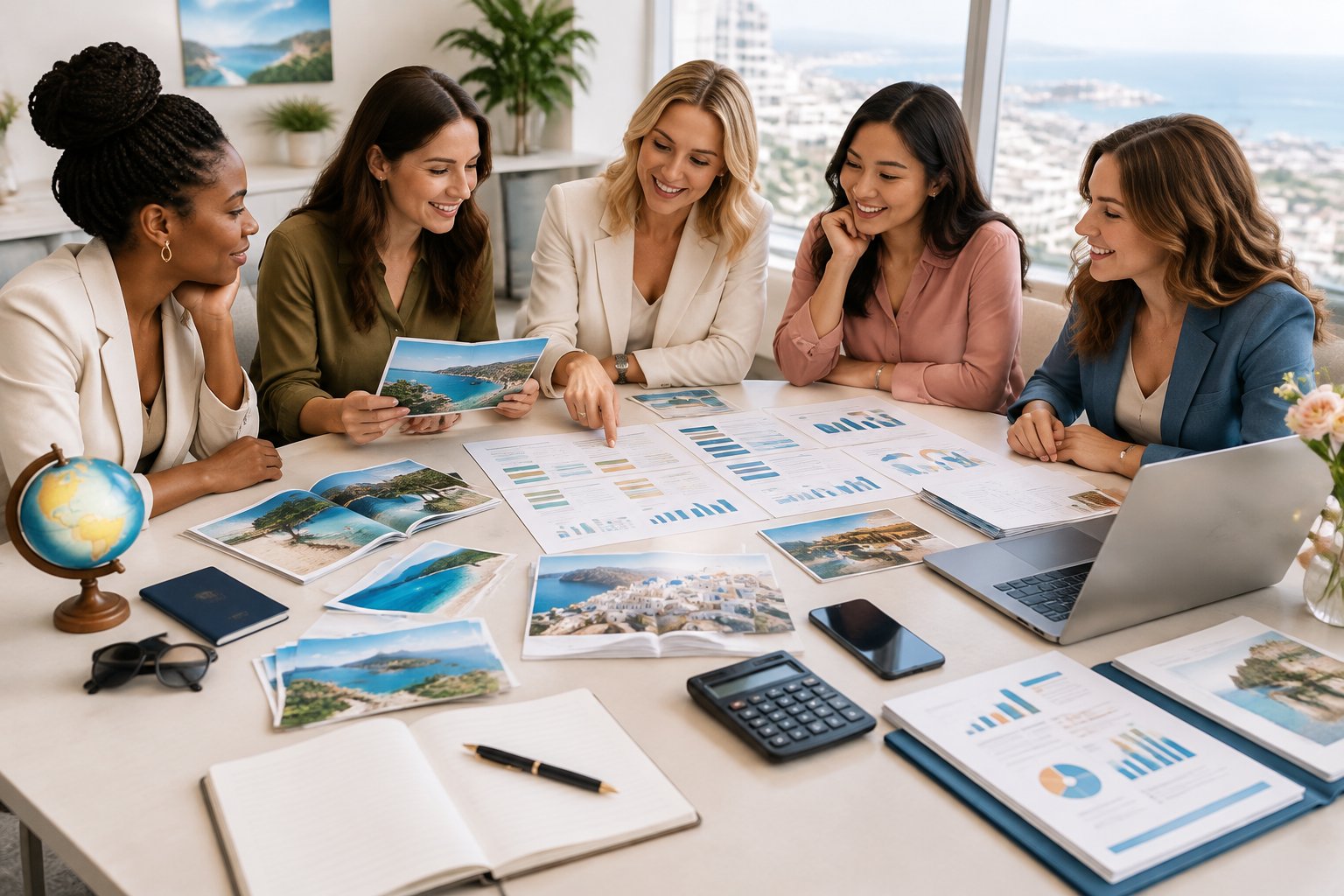 Women compare travel materials and financial documents while planning a group celebration.