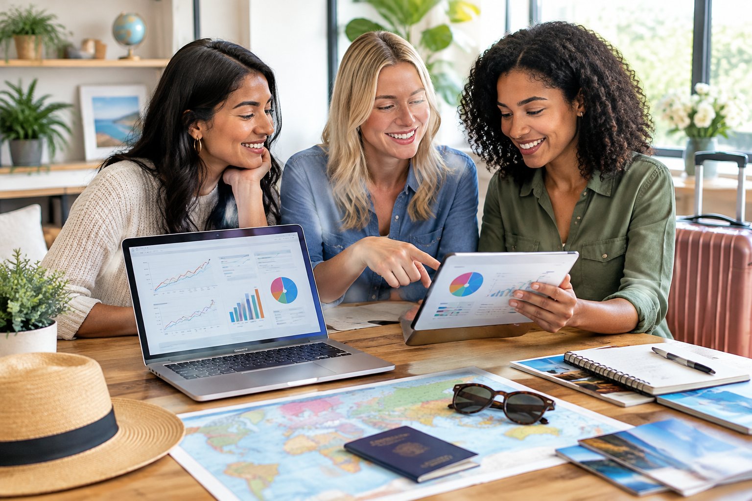 Friends review travel plans and financial charts together at a laptop in a bright workspace.