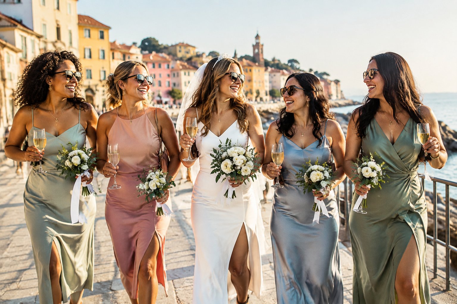 A group of women celebrating a hen party together on a sunny coastal promenade.