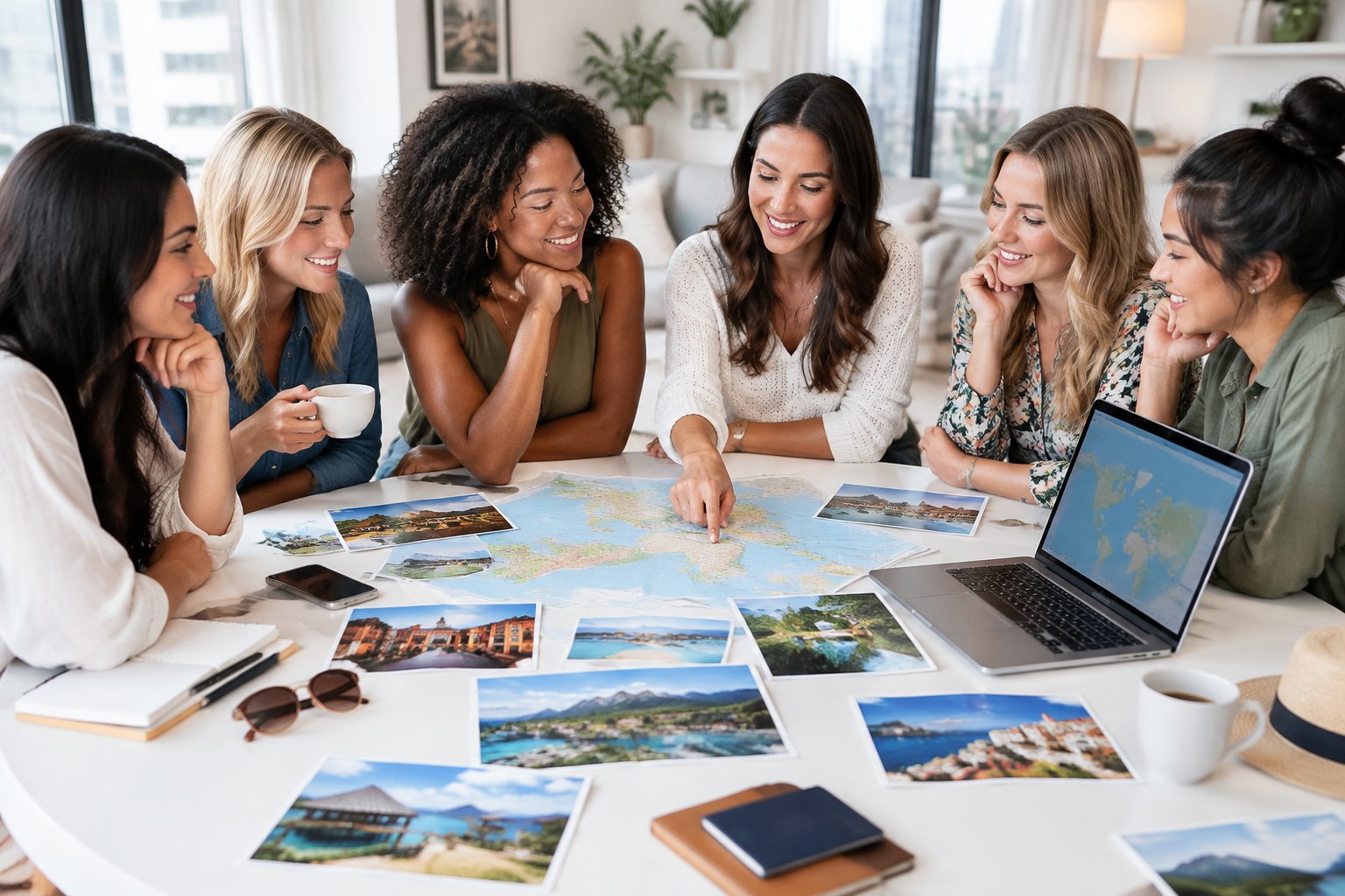 A group of friends compares maps and travel photos while planning a hen party destination.