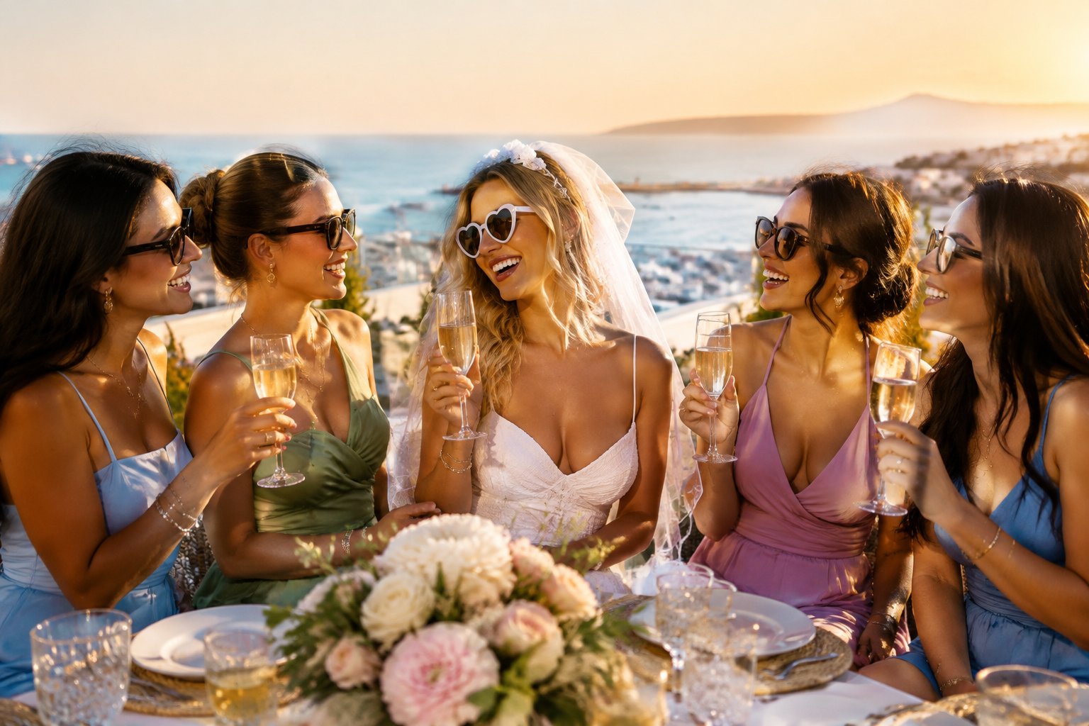 A group of stylish women celebrating a bride-to-be at a sunny rooftop venue overlooking the sea.