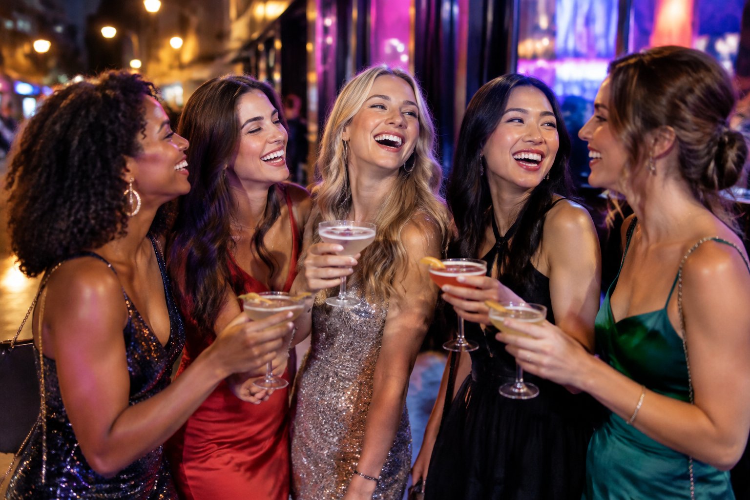 A group of adult women laughing and celebrating together outside a lively city nightclub.