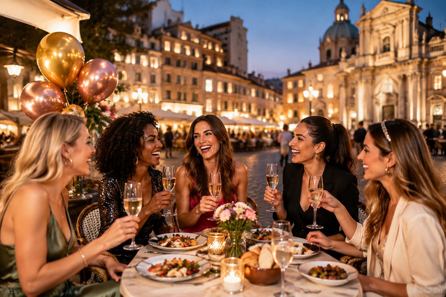 A group of women enjoying food and sparkling wine at an outdoor restaurant in a lively European square.