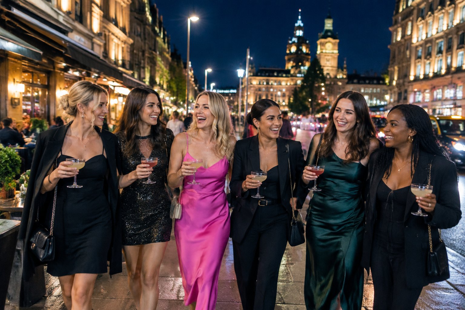 A group of women celebrating together on a lively city street at night.