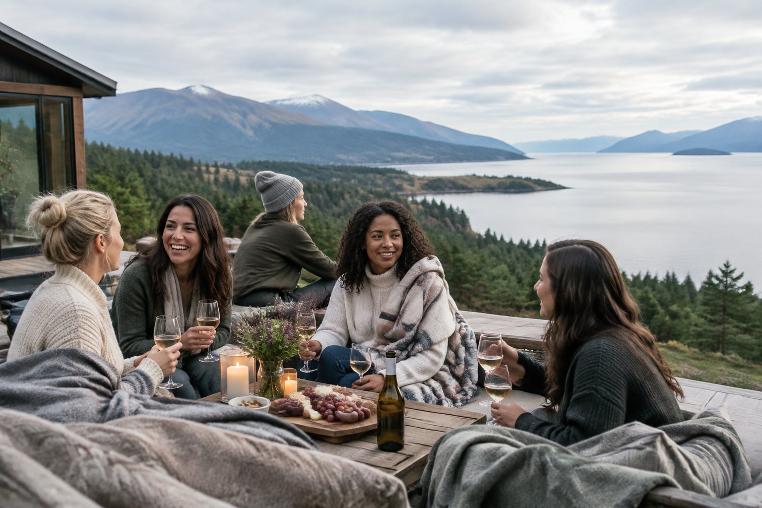 A group of women friends relaxing together at a scenic northern countryside retreat.