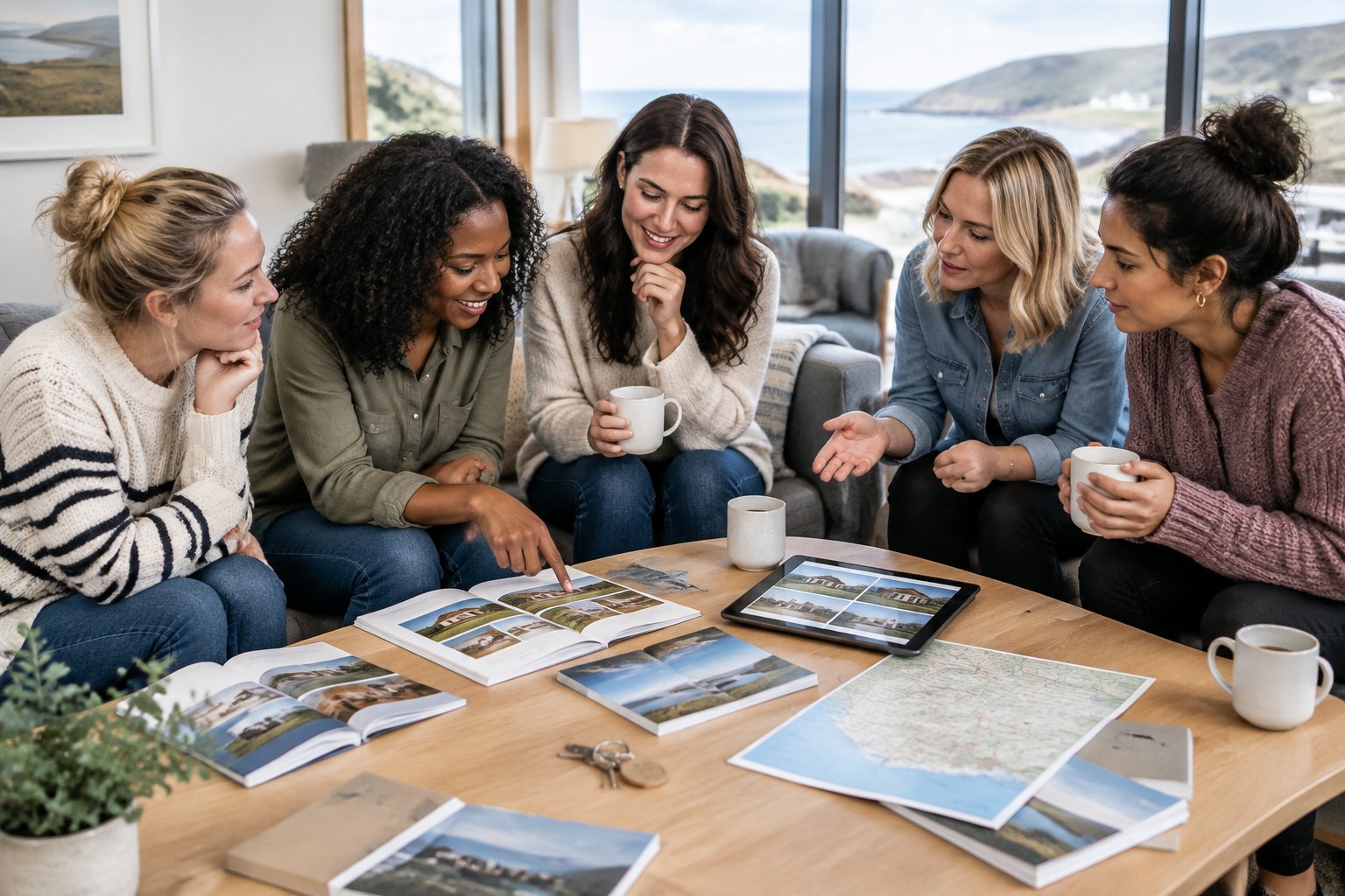 A group of friends compares accommodation options around a table in a bright holiday rental.