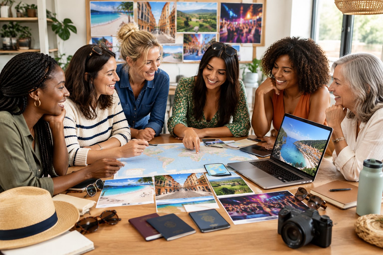 A diverse group of women friends compares travel options around a table while planning a hen party destination.