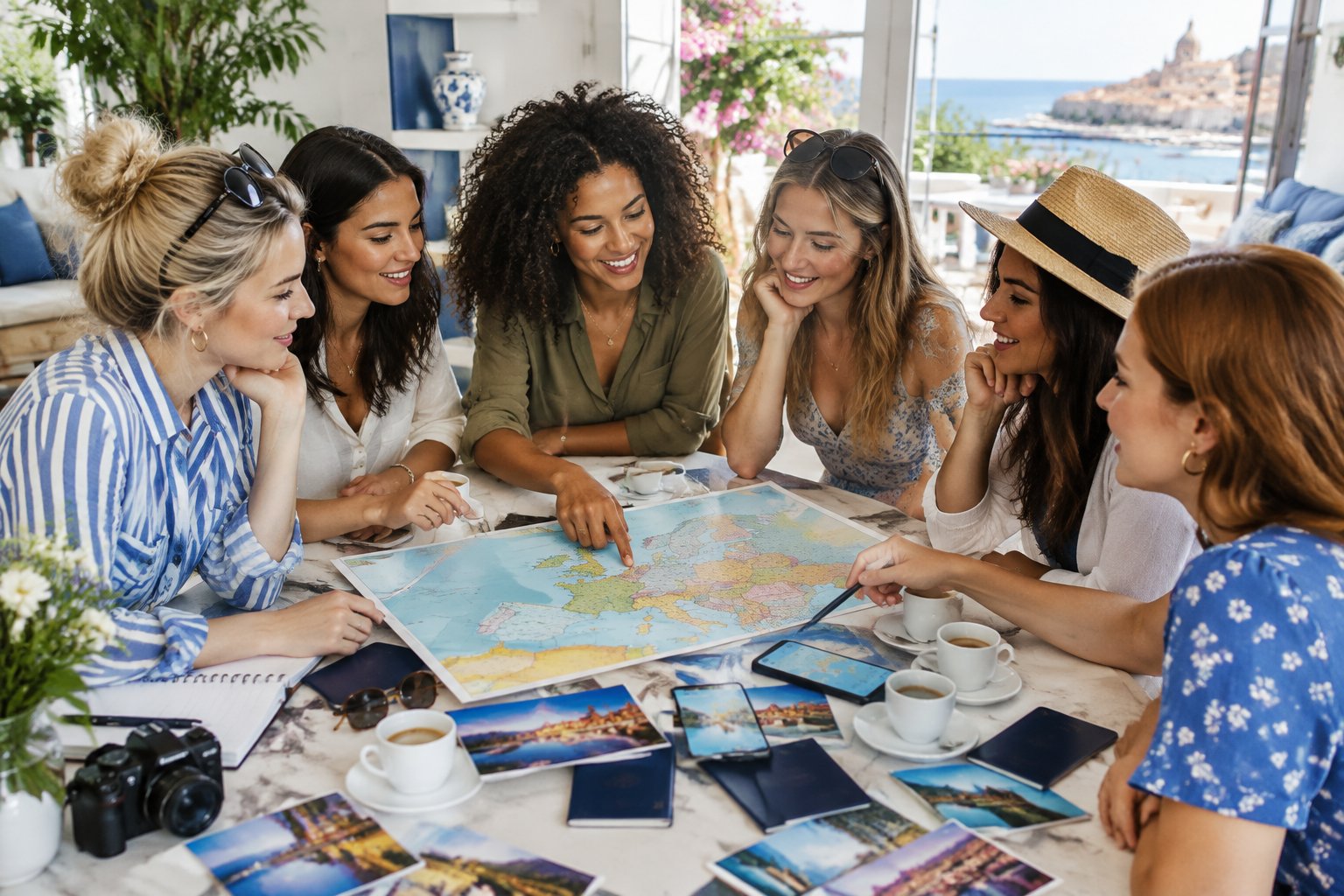 A group of friends compares European travel destinations around a table with a map and travel-planning items.