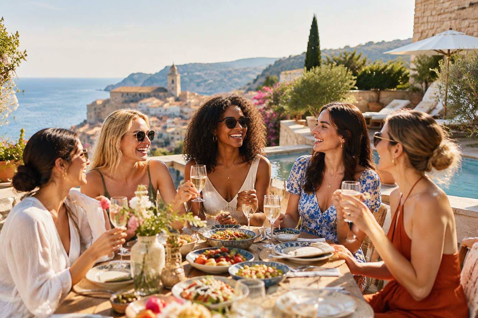 A group of friends shares food and drinks on a sunny European terrace overlooking historic surroundings.