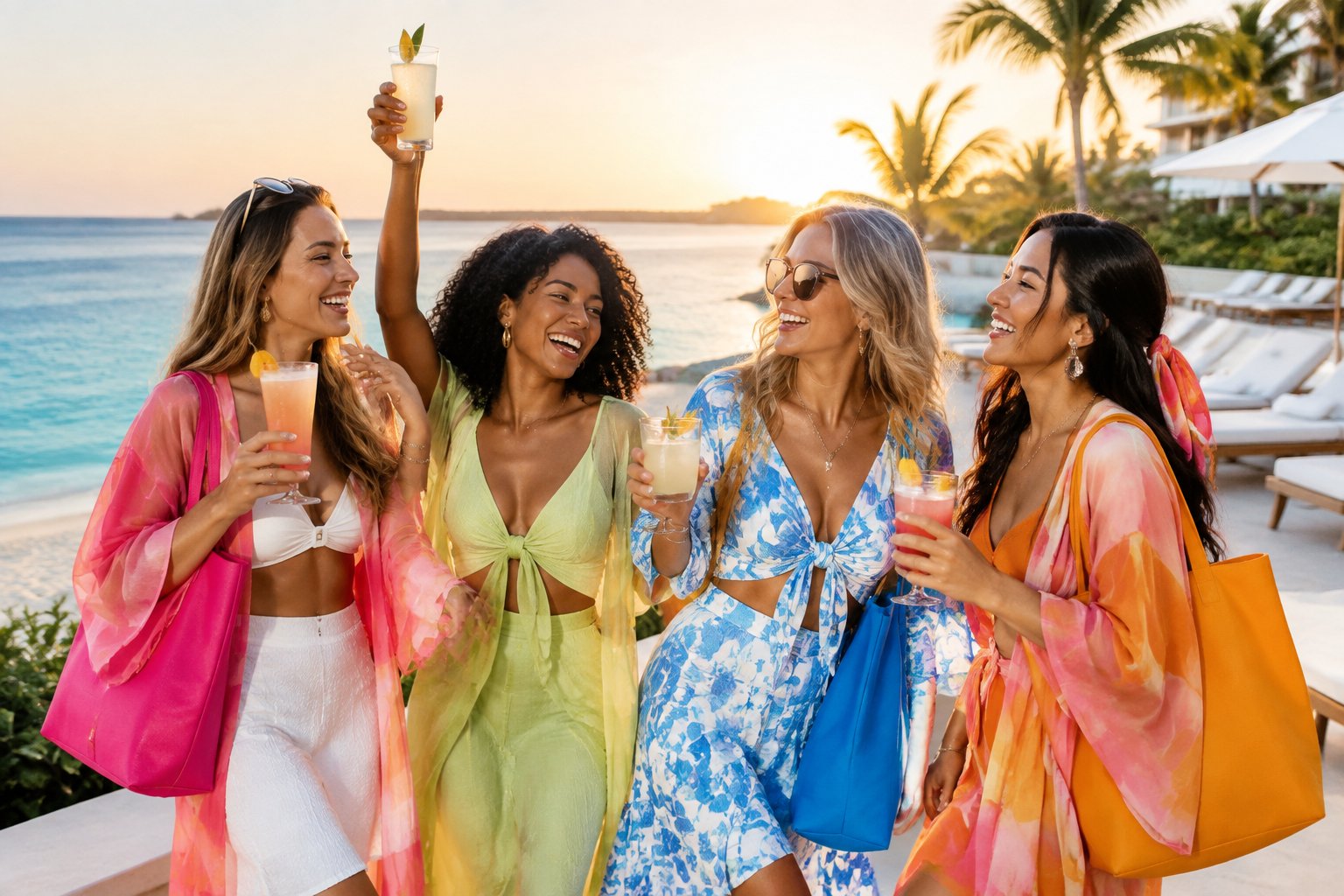 A group of women celebrating at a sunny tropical beach resort with colorful party accessories.