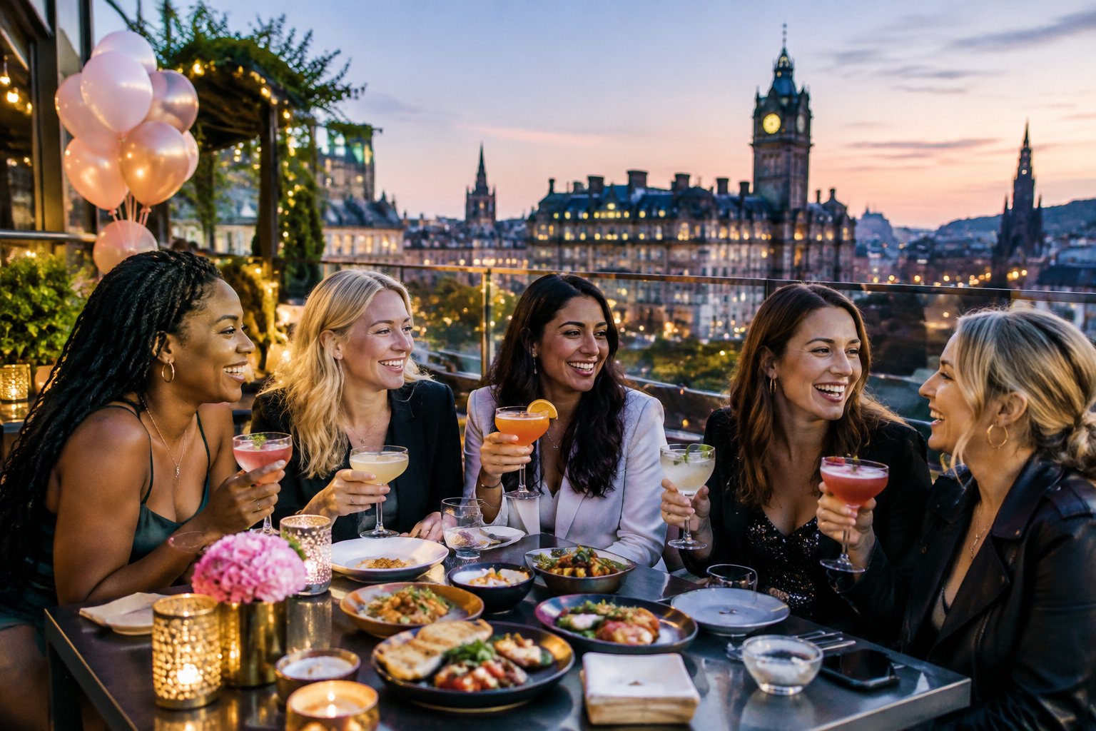 A group of women celebrating together over dinner on a lively city rooftop terrace.