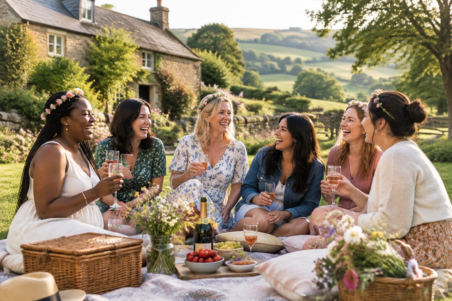 A group of friends enjoying a celebration at a countryside cottage surrounded by green meadows and rolling hills.