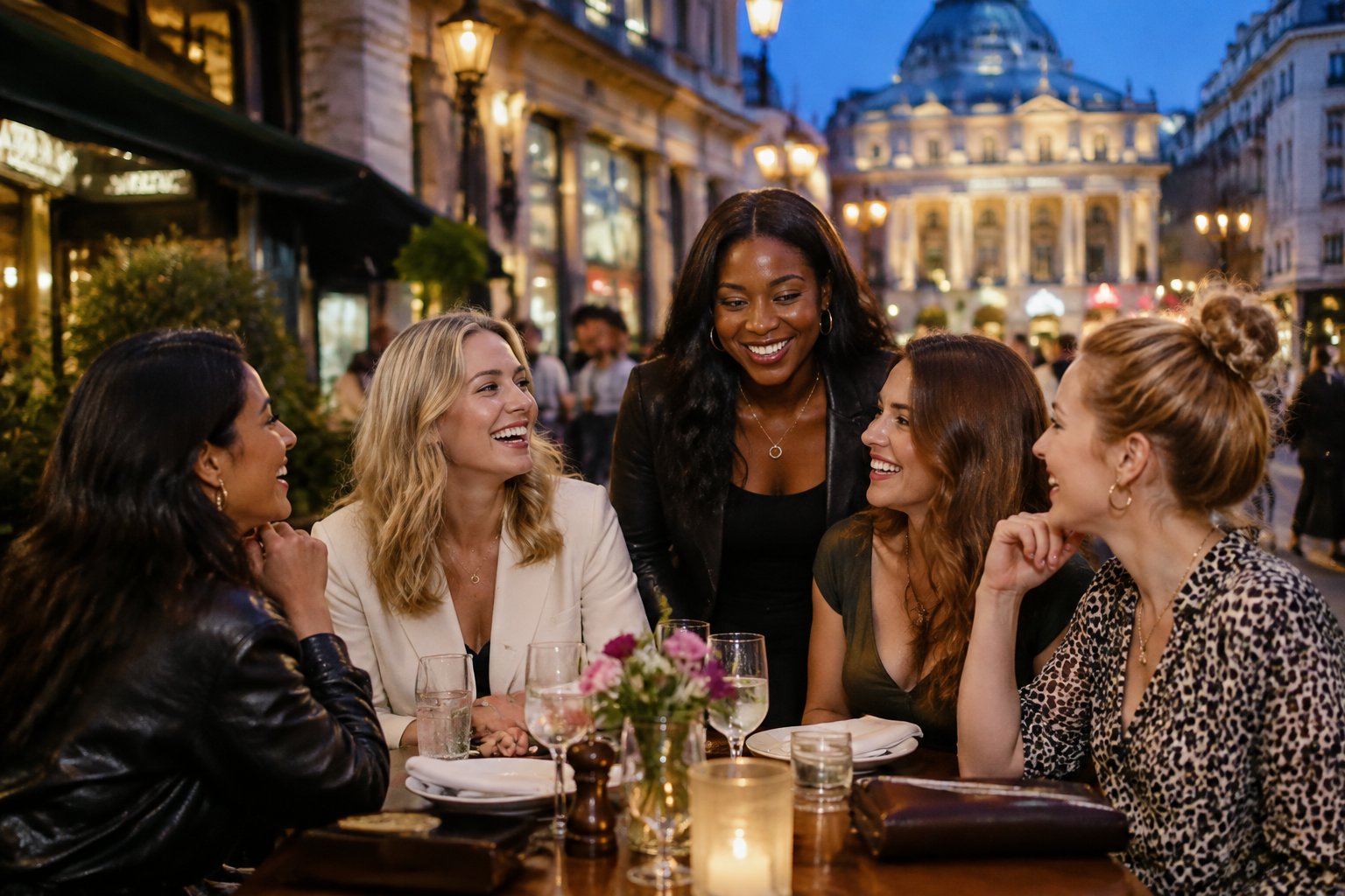 A group of women celebrating together at a stylish restaurant in a lively UK city at night.