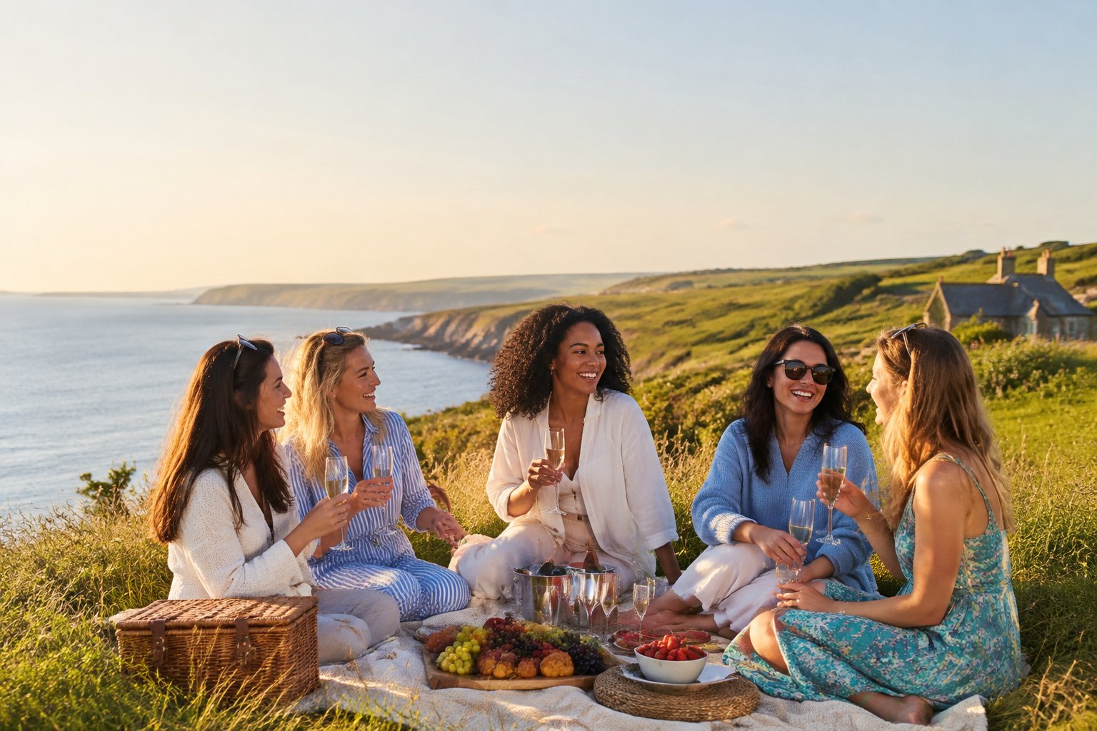A group of friends enjoying a picnic on a sunny coastal meadow overlooking the sea.