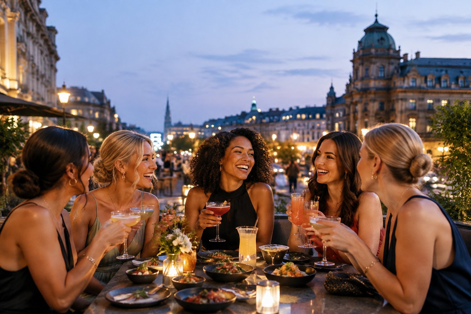 A group of women enjoying food and drinks together at an outdoor city restaurant during an evening celebration.