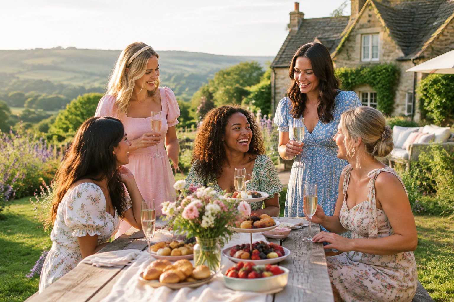 A group of women celebrating together outside a private countryside cottage surrounded by green hills and gardens.