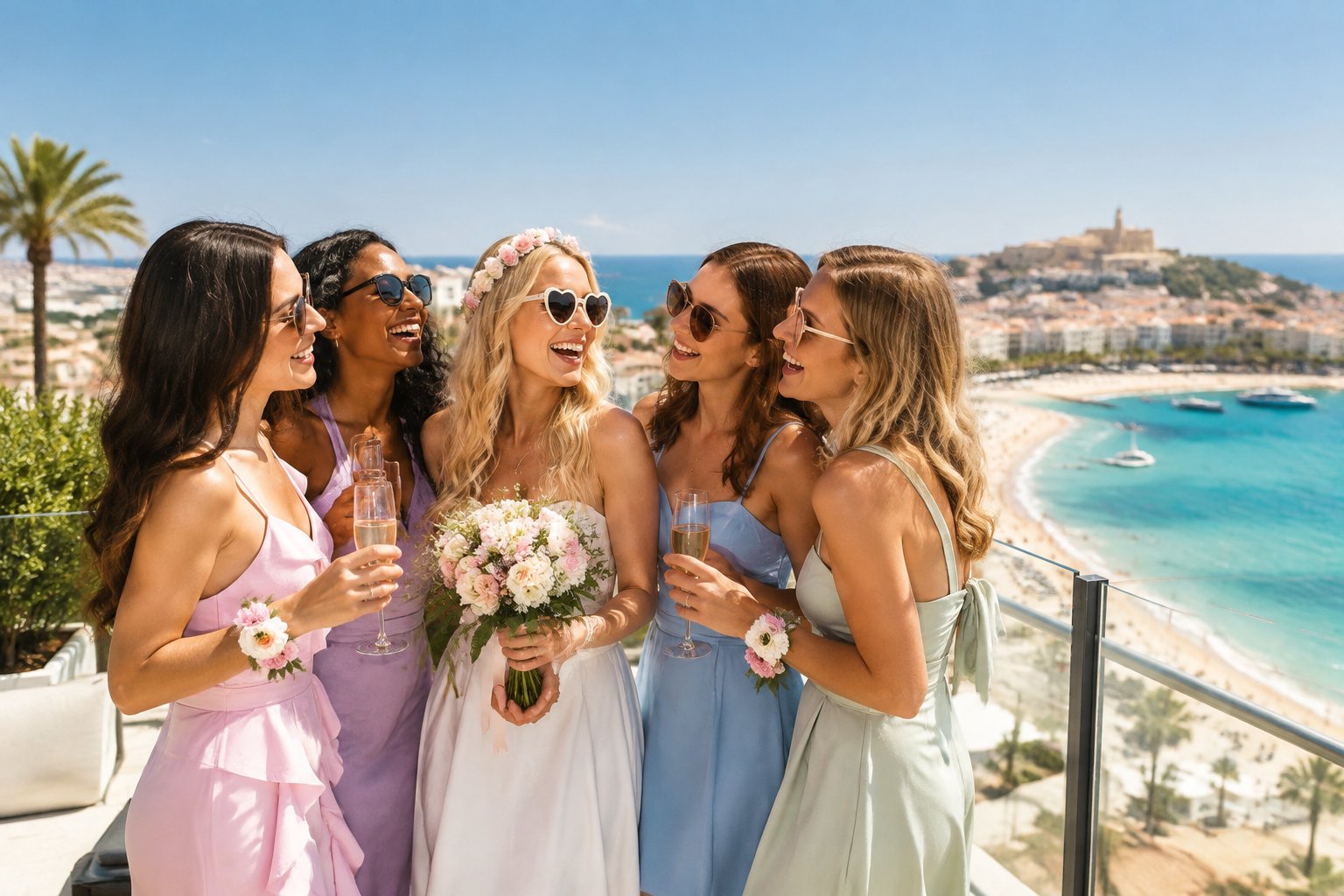A group of friends celebrating together on a sunny Mediterranean seaside terrace.