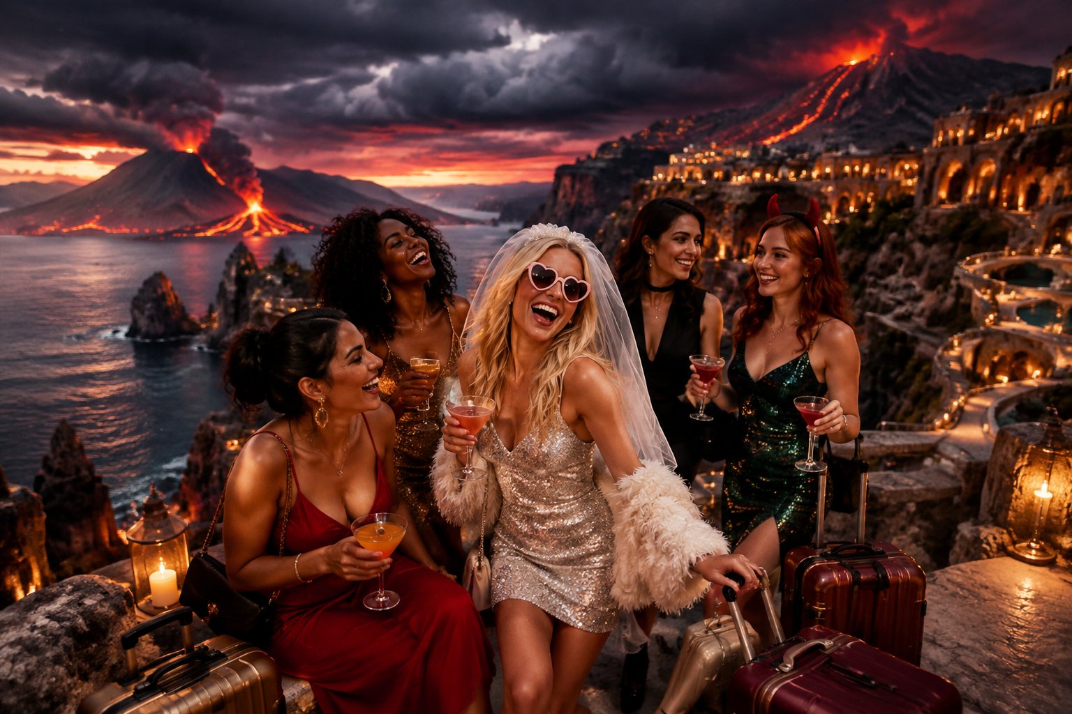 A group of women celebrate at an eerie coastal resort surrounded by volcanic cliffs and glowing lava.