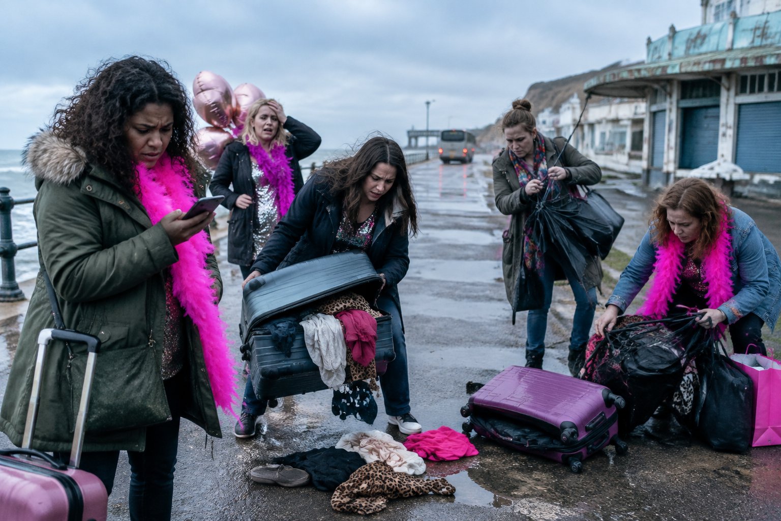 A group of women stranded with damaged luggage on a rainy seaside promenade.