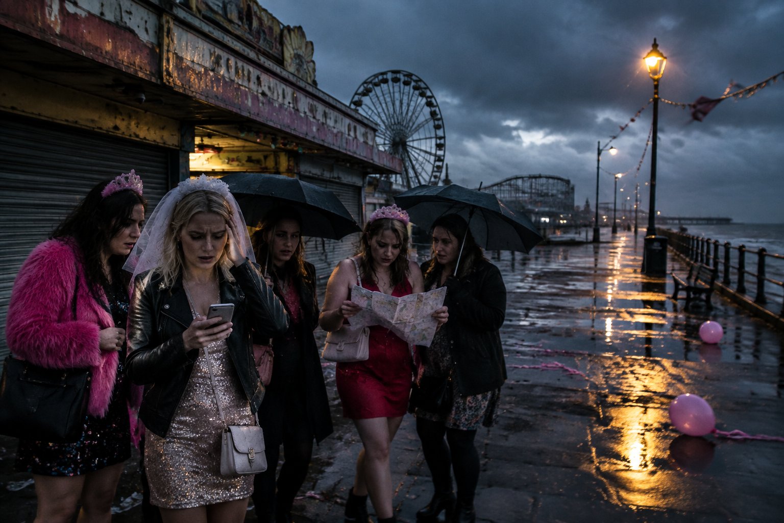 A disappointed hen party stands in the rain outside a closed seaside amusement venue.